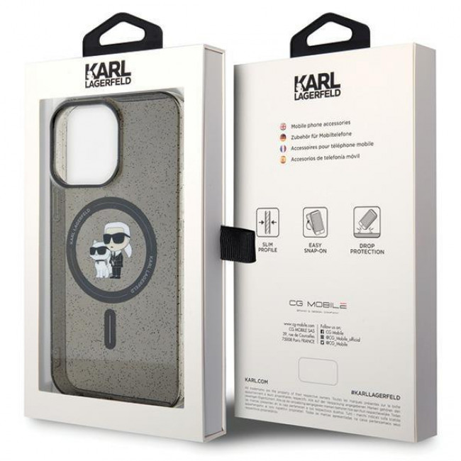 Karl Lagerfeld iPhone 15 Pro Max - Karl and Choupette Glitter Magsafe Σκληρή Θήκη με Πλαίσιο Σιλικόνης και MagSafe - Black - KLHMP15XHGKCNOK