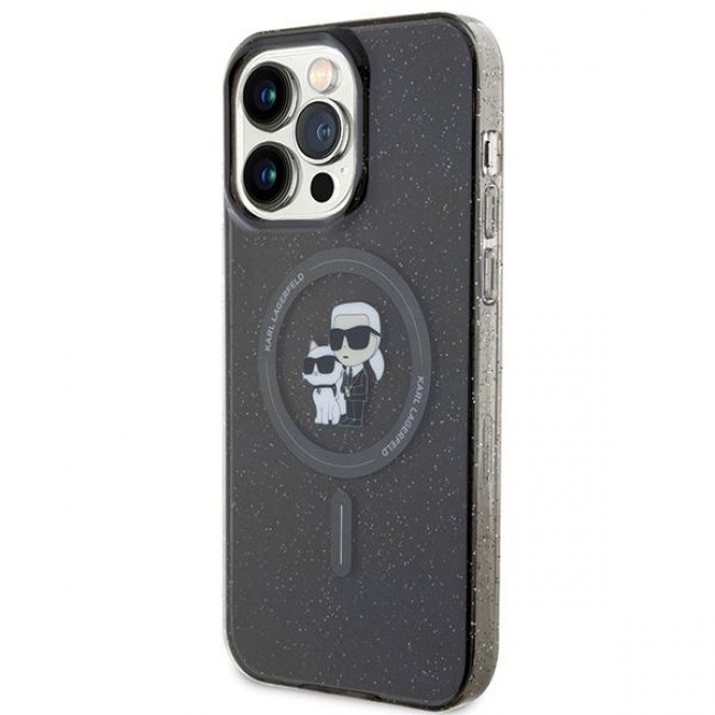 Karl Lagerfeld iPhone 15 Pro Max - Karl and Choupette Glitter Magsafe Σκληρή Θήκη με Πλαίσιο Σιλικόνης και MagSafe - Black - KLHMP15XHGKCNOK