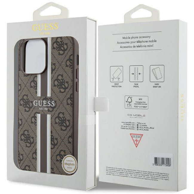 Guess iPhone 15 Pro Max - 4G Printed Stripes MagSafe Θήκη με Επένδυση Συνθετικού Δέρματος - Brown - GUHMP15XP4RPSW