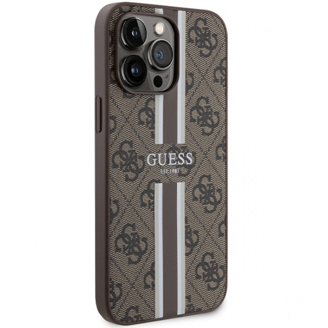 Guess iPhone 15 Pro Max - 4G Printed Stripes MagSafe Θήκη με Επένδυση Συνθετικού Δέρματος - Brown - GUHMP15XP4RPSW