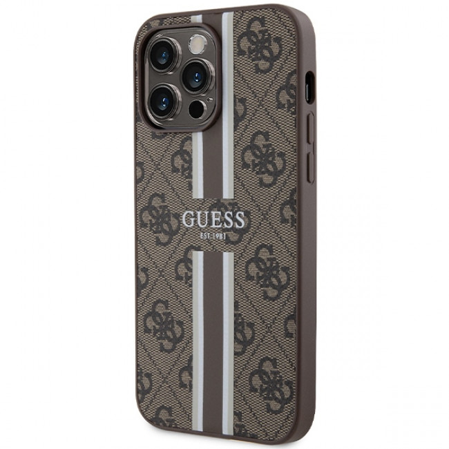 Guess iPhone 15 Pro Max - 4G Printed Stripes MagSafe Θήκη με Επένδυση Συνθετικού Δέρματος - Brown - GUHMP15XP4RPSW