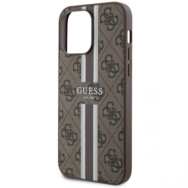 Guess iPhone 15 Pro Max - 4G Printed Stripes MagSafe Θήκη με Επένδυση Συνθετικού Δέρματος - Brown - GUHMP15XP4RPSW