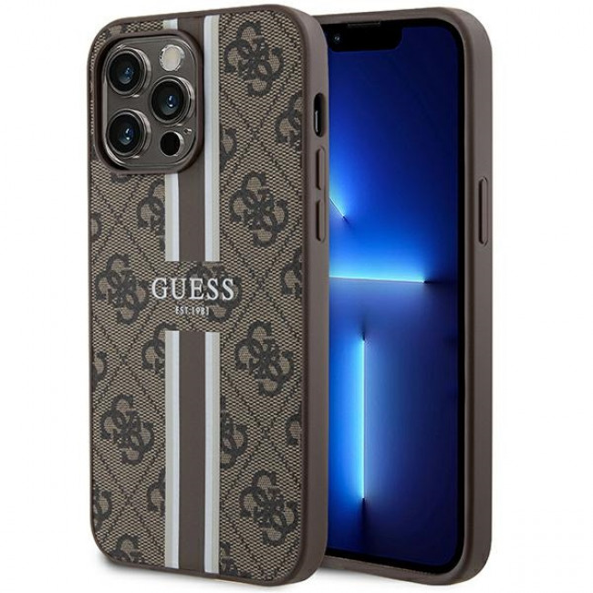 Guess iPhone 15 Pro Max - 4G Printed Stripes MagSafe Θήκη με Επένδυση Συνθετικού Δέρματος - Brown - GUHMP15XP4RPSW