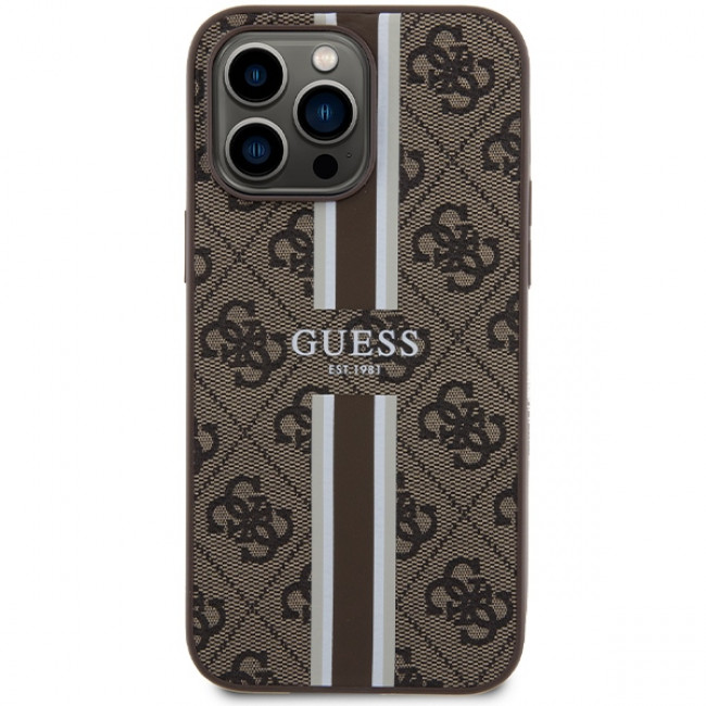 Guess iPhone 15 Pro Max - 4G Printed Stripes MagSafe Θήκη με Επένδυση Συνθετικού Δέρματος - Brown - GUHMP15XP4RPSW