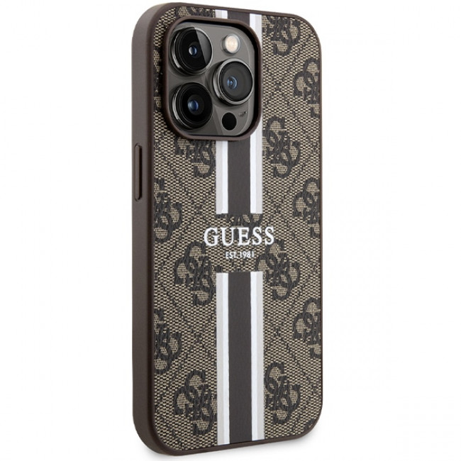 Guess iPhone 15 Pro - 4G Printed Stripes MagSafe Θήκη με Επένδυση Συνθετικού Δέρματος - Brown - GUHMP15LP4RPSW