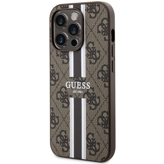 Guess iPhone 15 Pro - 4G Printed Stripes MagSafe Θήκη με Επένδυση Συνθετικού Δέρματος - Brown - GUHMP15LP4RPSW