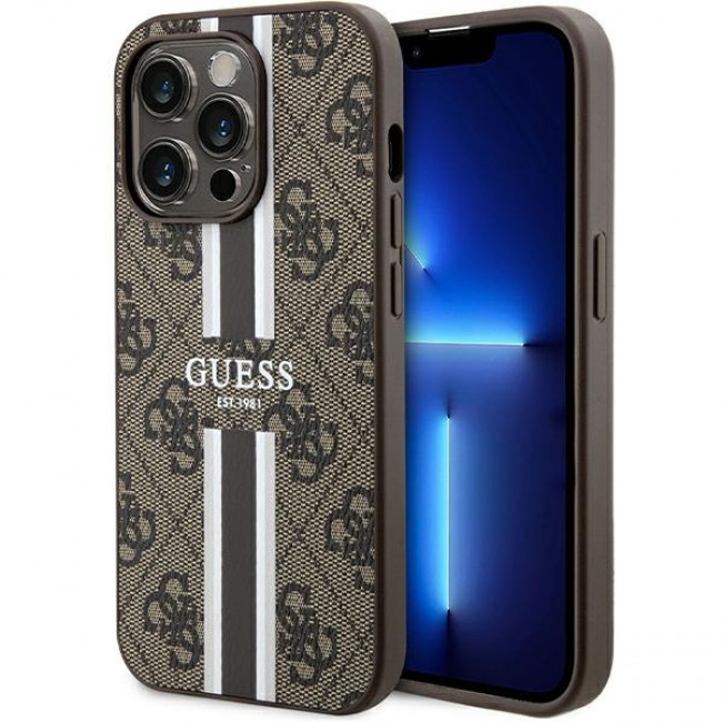 Guess iPhone 15 Pro - 4G Printed Stripes MagSafe Θήκη με Επένδυση Συνθετικού Δέρματος - Brown - GUHMP15LP4RPSW