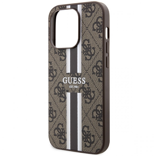 Guess iPhone 15 Pro - 4G Printed Stripes MagSafe Θήκη με Επένδυση Συνθετικού Δέρματος - Brown - GUHMP15LP4RPSW