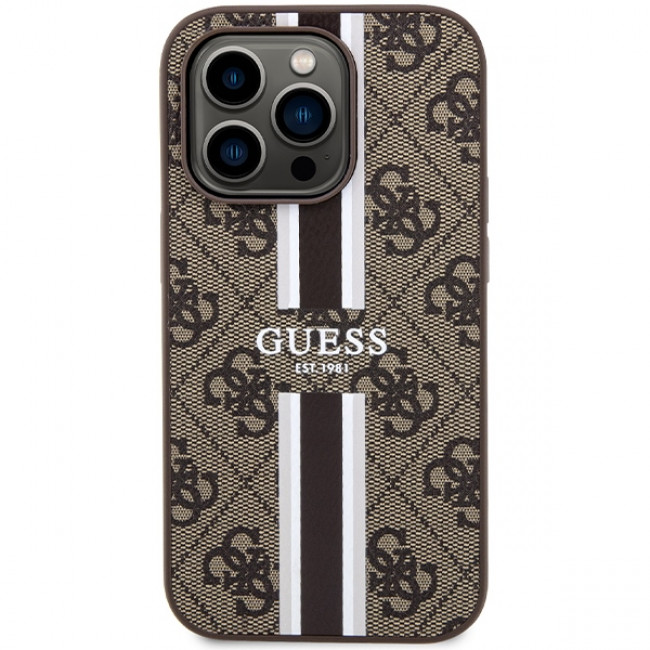 Guess iPhone 15 Pro - 4G Printed Stripes MagSafe Θήκη με Επένδυση Συνθετικού Δέρματος - Brown - GUHMP15LP4RPSW