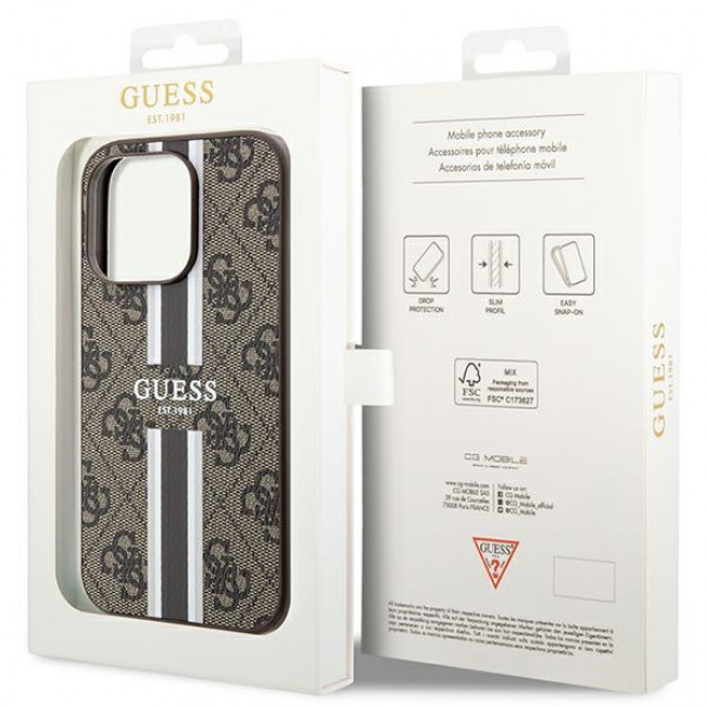 Guess iPhone 15 Pro - 4G Printed Stripes MagSafe Θήκη με Επένδυση Συνθετικού Δέρματος - Brown - GUHMP15LP4RPSW