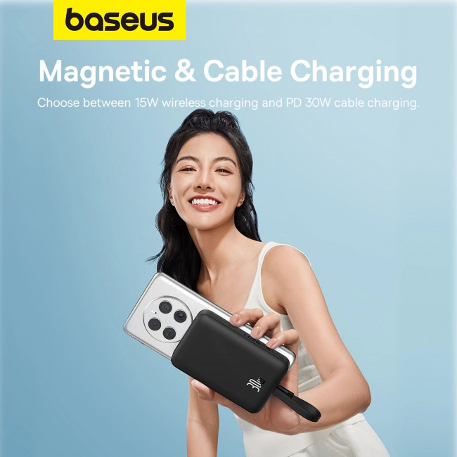 Baseus Magnetic Mini Ασύρματο MagSafe PowerBank 10000mAh 30W με Ενσωματωμένο Καλώδιο Type-C - Black