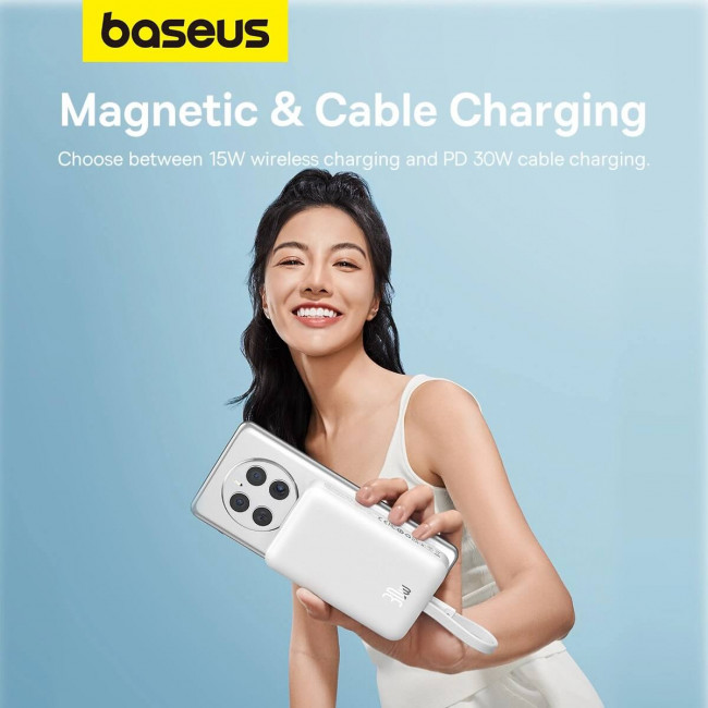 Baseus Magnetic Mini Ασύρματο MagSafe PowerBank 10000mAh 30W με Ενσωματωμένο Καλώδιο Type-C - White