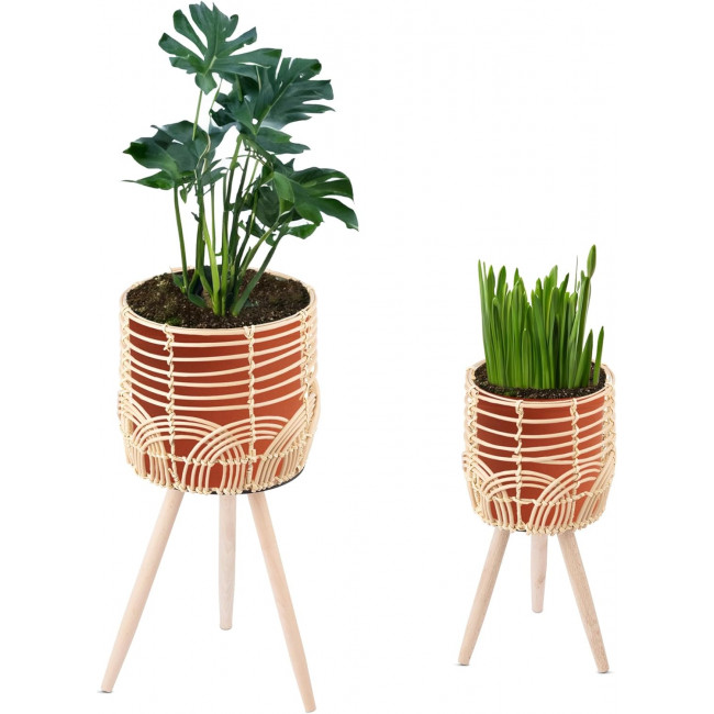 Navaris Σετ με 2 Rattan Κασπό με Ξύλινα Πόδια - Natural - 60955.01