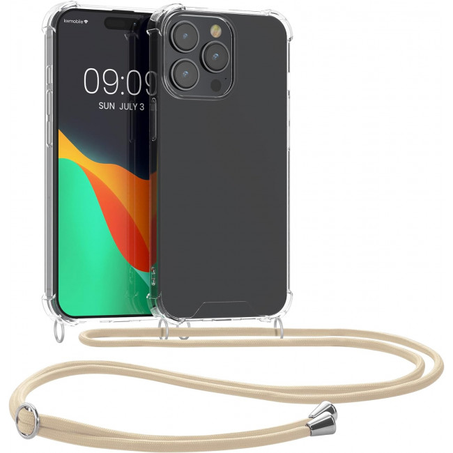 KW iPhone 15 Pro Θήκη Σιλικόνης TPU με Λουράκι - Διάφανη / Gold