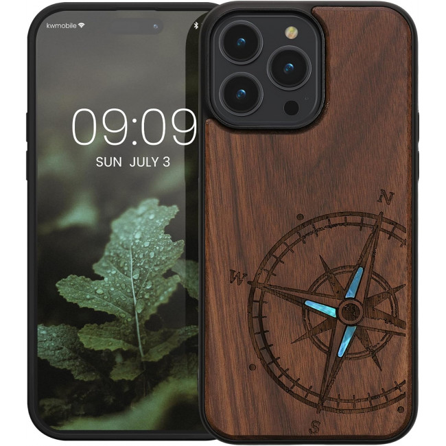 KW iPhone 14 Pro Max Θήκη από Φυσικό Ξύλο - Design Navigational Compass Mother of Pearl - Dark Brown