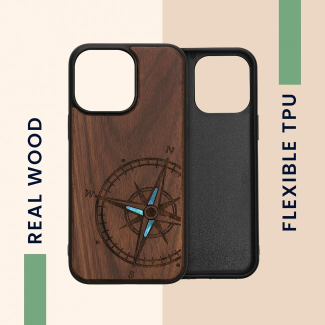 KW iPhone 14 Pro Max Θήκη από Φυσικό Ξύλο - Design Navigational Compass Mother of Pearl - Dark Brown