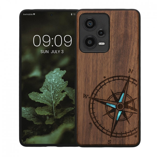 KW Xiaomi Redmi Note 12 Pro 5G Θήκη από Φυσικό Ξύλο - Design Navigational Compass - Mother of Pearl - Dark Brown - KWM000018BW005C