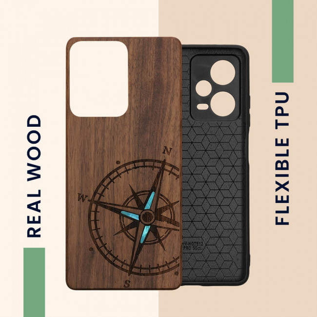 KW Xiaomi Redmi Note 12 Pro 5G Θήκη από Φυσικό Ξύλο - Design Navigational Compass - Mother of Pearl - Dark Brown - KWM000018BW005C