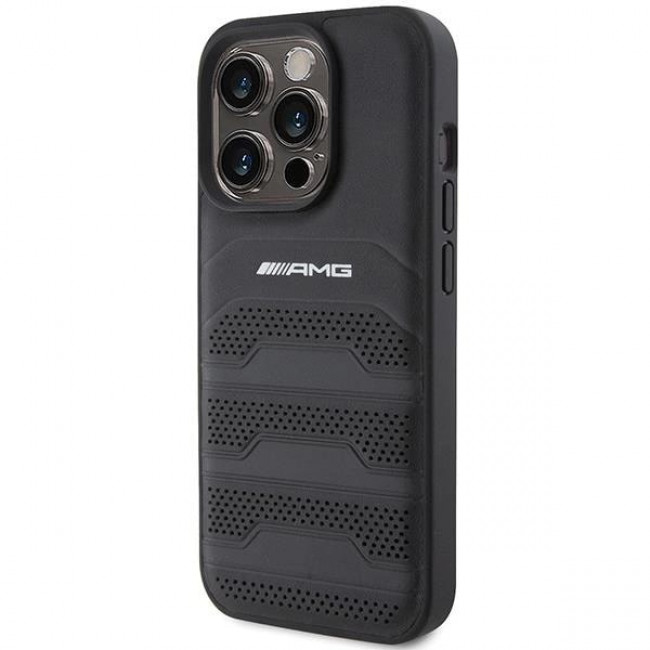 AMG iPhone 15 Pro Leather Debossed Lines Σκληρή Θήκη με Πλαίσιο Σιλικόνης και Επένδυση Συνθετικού Δέρματος - Black - AMG00069-0