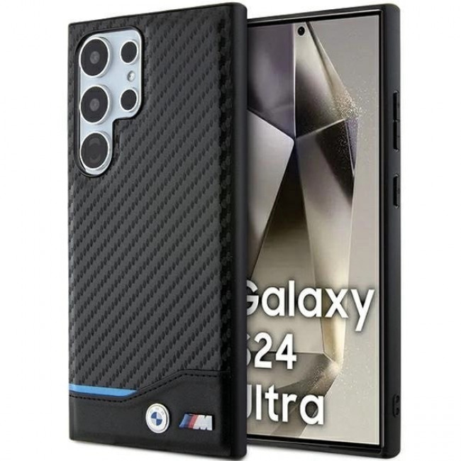 BMW Samsung Galaxy S24 Ultra Leather Carbon Σκληρή Θήκη με Πλαίσιο Σιλικόνης - Black