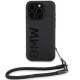 BMW iPhone 15 Pro Max Signature Leather Wordmark Cord Σκληρή Θήκη με Επένδυση Γνήσιου Δέρματος και Κοντό Λουράκι - Black