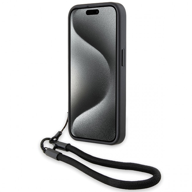 BMW iPhone 15 Pro Max Signature Leather Wordmark Cord Σκληρή Θήκη με Επένδυση Γνήσιου Δέρματος και Κοντό Λουράκι - Black