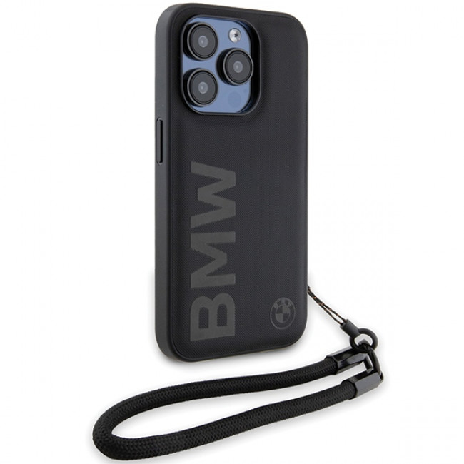 BMW iPhone 15 Pro Max Signature Leather Wordmark Cord Σκληρή Θήκη με Επένδυση Γνήσιου Δέρματος και Κοντό Λουράκι - Black