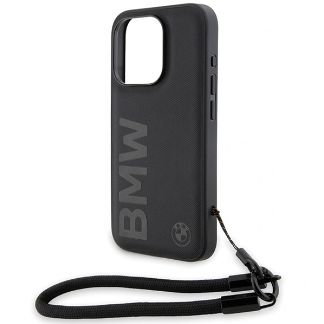 BMW iPhone 15 Pro Max Signature Leather Wordmark Cord Σκληρή Θήκη με Επένδυση Γνήσιου Δέρματος και Κοντό Λουράκι - Black