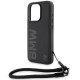 BMW iPhone 15 Pro Max Signature Leather Wordmark Cord Σκληρή Θήκη με Επένδυση Γνήσιου Δέρματος και Κοντό Λουράκι - Black