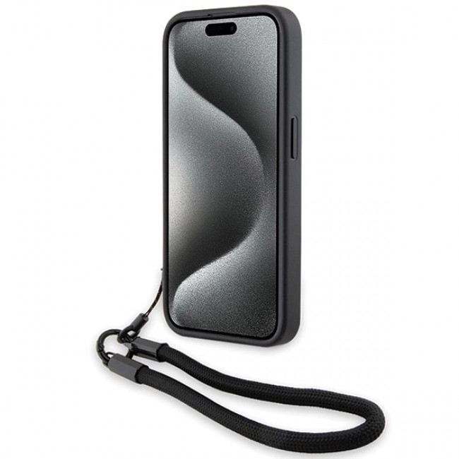 BMW iPhone 15 Pro Signature Leather Wordmark Cord Σκληρή Θήκη με Επένδυση Γνήσιου Δέρματος και Κοντό Λουράκι - Black