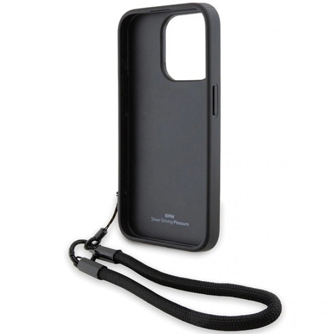 BMW iPhone 15 Pro Signature Leather Wordmark Cord Σκληρή Θήκη με Επένδυση Γνήσιου Δέρματος και Κοντό Λουράκι - Black