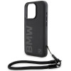 BMW iPhone 15 Pro Signature Leather Wordmark Cord Σκληρή Θήκη με Επένδυση Γνήσιου Δέρματος και Κοντό Λουράκι - Black