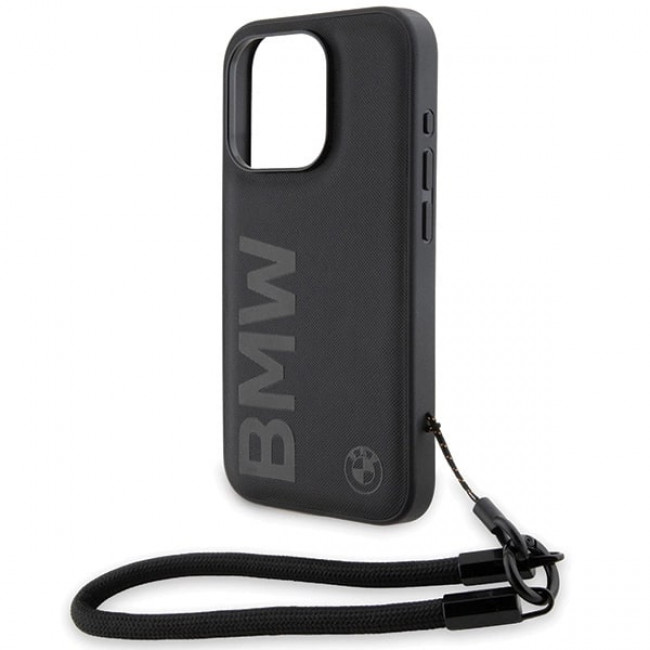 BMW iPhone 15 Pro Signature Leather Wordmark Cord Σκληρή Θήκη με Επένδυση Γνήσιου Δέρματος και Κοντό Λουράκι - Black