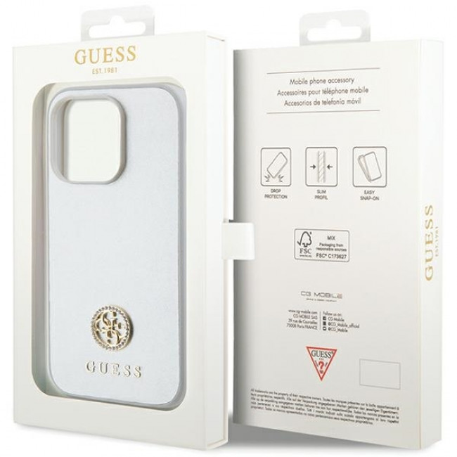 Guess iPhone 15 Pro - 4G Strass Metal Logo Θήκη με Επένδυση Συνθετικού Δέρματος - Silver - GUHCP15LPS4DGPS