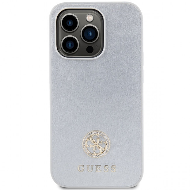 Guess iPhone 15 Pro - 4G Strass Metal Logo Θήκη με Επένδυση Συνθετικού Δέρματος - Silver - GUHCP15LPS4DGPS