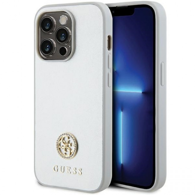 Guess iPhone 15 Pro - 4G Strass Metal Logo Θήκη με Επένδυση Συνθετικού Δέρματος - Silver - GUHCP15LPS4DGPS