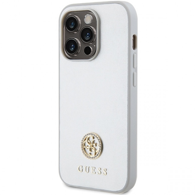 Guess iPhone 15 Pro - 4G Strass Metal Logo Θήκη με Επένδυση Συνθετικού Δέρματος - Silver - GUHCP15LPS4DGPS