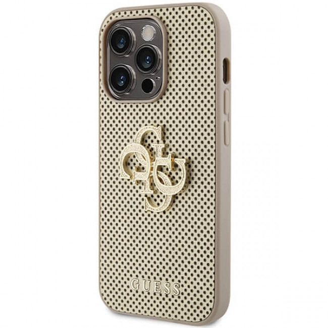 Guess iPhone 15 Pro Leather Perforated 4G Glitter Θήκη με Επένδυση Συνθετικού Δέρματος - Gold - GUHCP15LPSP4LGD