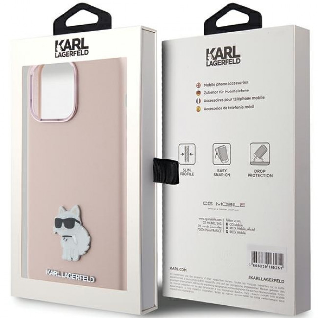 Karl Lagerfeld iPhone 15 Pro - Silicone Choupette Metal Pin Σκληρή Θήκη με Πλαίσιο Σιλικόνης - Pink - KLHCP15LSMHCNPP