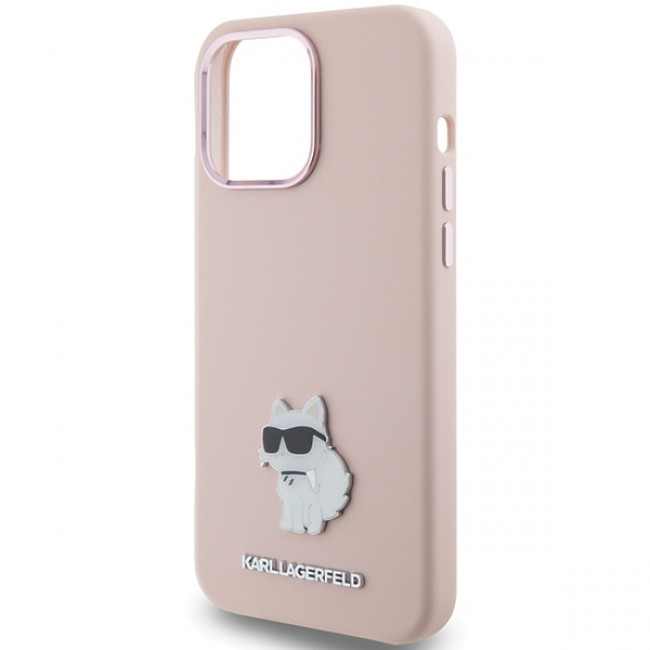 Karl Lagerfeld iPhone 15 Pro - Silicone Choupette Metal Pin Σκληρή Θήκη με Πλαίσιο Σιλικόνης - Pink - KLHCP15LSMHCNPP