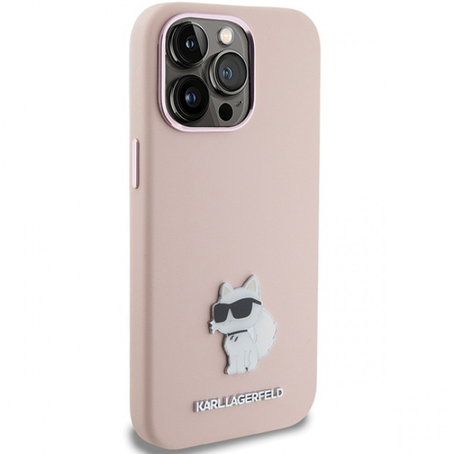 Karl Lagerfeld iPhone 15 Pro - Silicone Choupette Metal Pin Σκληρή Θήκη με Πλαίσιο Σιλικόνης - Pink - KLHCP15LSMHCNPP