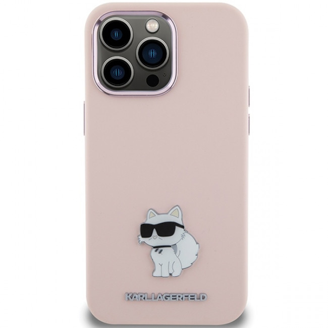 Karl Lagerfeld iPhone 15 Pro Max - Silicone Choupette Metal Pin Σκληρή Θήκη με Πλαίσιο Σιλικόνης - Pink - KLHCP15XSMHCNPP