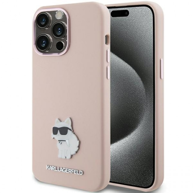 Karl Lagerfeld iPhone 15 Pro Max - Silicone Choupette Metal Pin Σκληρή Θήκη με Πλαίσιο Σιλικόνης - Pink - KLHCP15XSMHCNPP