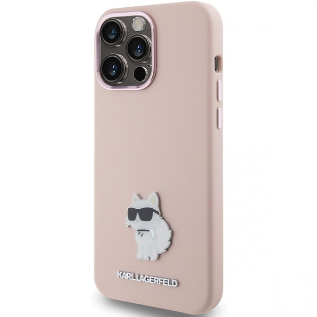 Karl Lagerfeld iPhone 15 Pro Max - Silicone Choupette Metal Pin Σκληρή Θήκη με Πλαίσιο Σιλικόνης - Pink - KLHCP15XSMHCNPP