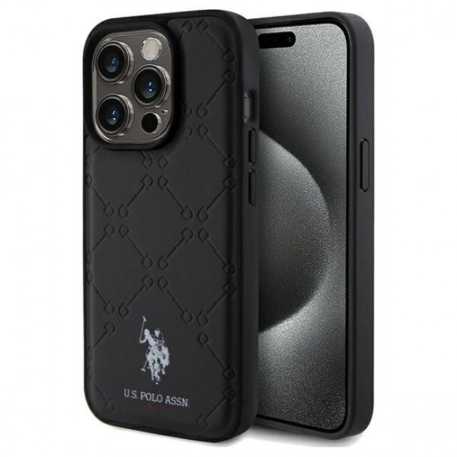 US Polo iPhone 15 Pro Yoke Pattern Θήκη με Επένδυση Συνθετικού Δέρματος - Black - USHCP15LPYOK