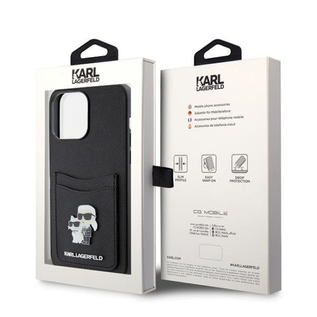 Karl Lagerfeld iPhone 15 Pro Max Saffiano Cardslot KC Metal Logo Σκληρή Θήκη με Επένδυση Συνθετικού Δέρματος και Υποδοχή για Κάρτες - Black - KLHCP15XSAPKCNPK