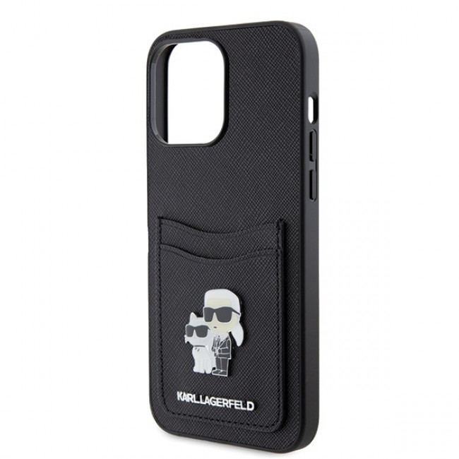 Karl Lagerfeld iPhone 15 Pro Max Saffiano Cardslot KC Metal Logo Σκληρή Θήκη με Επένδυση Συνθετικού Δέρματος και Υποδοχή για Κάρτες - Black - KLHCP15XSAPKCNPK