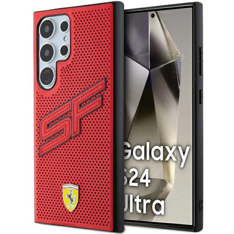 Ferrari Samsung Galaxy S24 Ultra Big SF Perforated Σκληρή Θήκη με Πλαίσιο Σιλικόνης και Επένδυση Συνθετικού Δέρματος - Red - FEHCS24LPINR