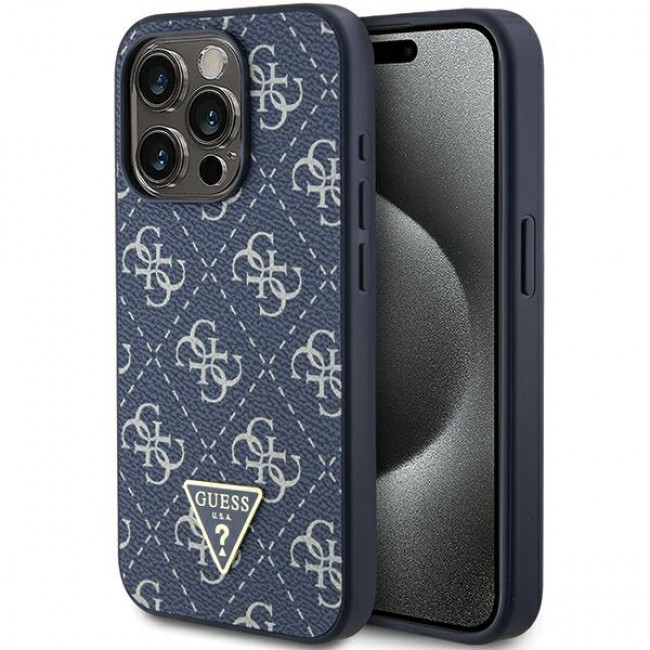 Guess iPhone 15 Pro Max - 4G Triangle Metal Logo Σκληρή Θήκη με Επένδυση Συνθετικού Δέρματος και Πλαίσιο Σιλικόνης - Blue - GUHCP15XPG4GPB