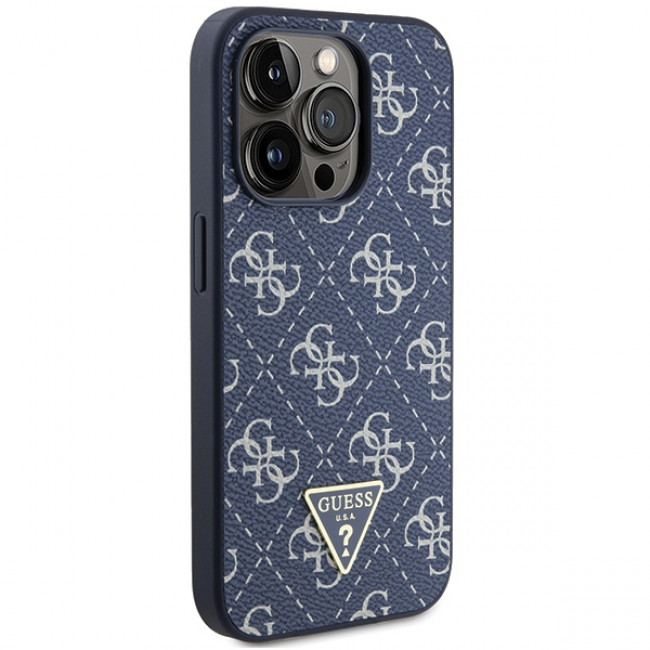 Guess iPhone 15 Pro Max - 4G Triangle Metal Logo Σκληρή Θήκη με Επένδυση Συνθετικού Δέρματος και Πλαίσιο Σιλικόνης - Blue - GUHCP15XPG4GPB